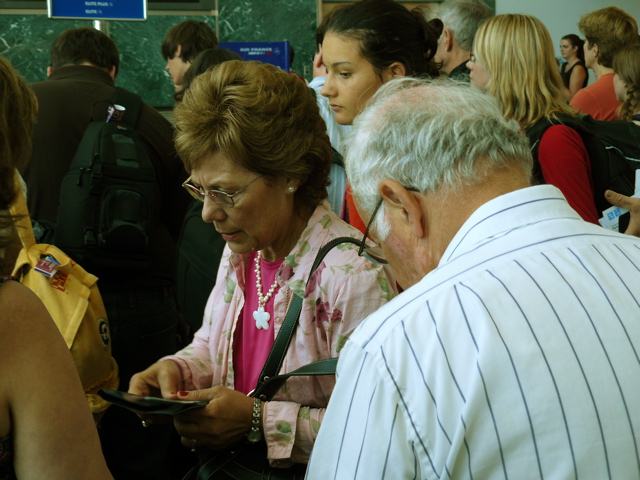 Suad and Fuad in line to get on the Air France flight to Paris (rw)