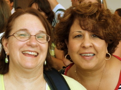 Ann and Nina waiting in line at SFO airport (rw)