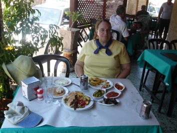 Great salads, hummus, and falafel at restaurant where Ann and Robert ate lunch in Jaffa (rw)