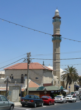 Restaurant in Jaffa where Ann and Robert had lunch, with Mineret and Mosque beyond (rw)