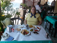 Great salads, hummus, and falafel at restaurant where Ann and Robert ate lunch in Jaffa (rw)