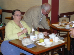 Ann and Fuad having breakfast at the hotel in Paris before our flight home (rw)