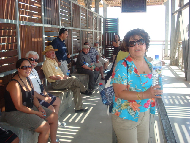 Waiting for the cable car down from Masada - Nichol, Bill, George the guide, David, Edmond, ..., Nina (sy)