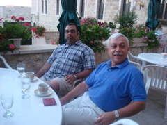 Karim and Bill relaxing on the patio at Notre Dame Jerusalem Center, after a busy day (sy)