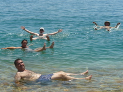 David, Ursula, Robert, and Salim floating in the Dead Sea (aw)