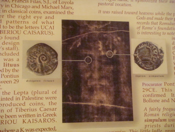 Image of face on the Shroud, and possible images of coins (hs)