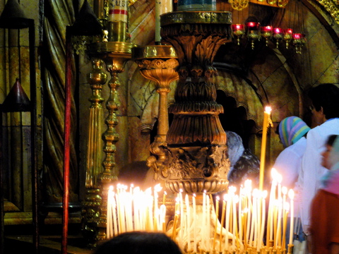 Ann in striped scarf, about to enter the Holy Sepulchre (rw)