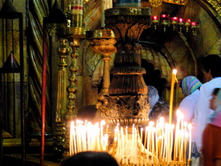 Ann in striped scarf, about to enter the Holy Sepulchre (rw)