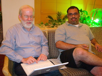 Robert and Karim and their MacBooks in the lobby of the Golan Hotel Tiberias (sy)