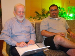 Robert and Karim and their MacBooks in the lobby of the Golan Hotel Tiberias (sy)