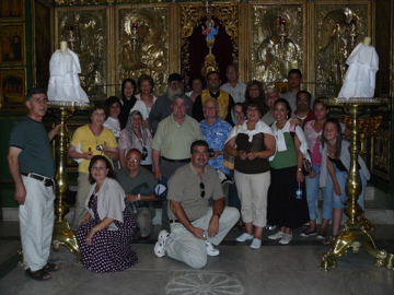 Group photo in Monastery of Transfiguration on Mount Tabor - Salim, Rowida, George, Lilian, Hope, Minerva, oum Fadi, Father, Edmond, David,Rafiha, Father Samer, Fuad, Subi, Alma, Ann, Nina, Bill, Paul, Nicole, Karim, Ursula, Natalia (rw)