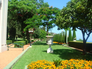 Beautiful lawn, trees, and flowers in the gardens of the Baha'i Shrine of the Bab in Haifa (hs)