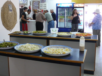 Wonderful salads and fixings for falafel sandwiches at Druze cafe on El Carmel (rw)