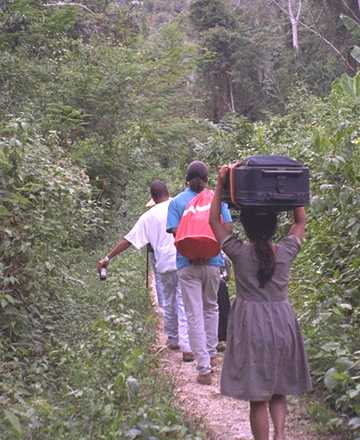 Blue Creek villagers carry our baggage into the rain forest